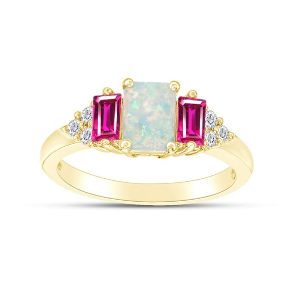 Emerald Cut Lab Created Opal With Simulated Pink And White Sapphire Three Stone Engagement Ring In 14k Yellow Gold Over Sterling Silver Ring Size-8
