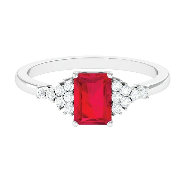 Emerald Cut Lab Created Ruby Ring with Diamond for Women (5X7 mm), 10K White Gold, US 4.00