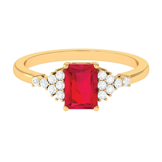 Emerald Cut Lab Created Ruby Ring with Diamond for Women (5X7 mm), 18K Yellow Gold, US 4.00