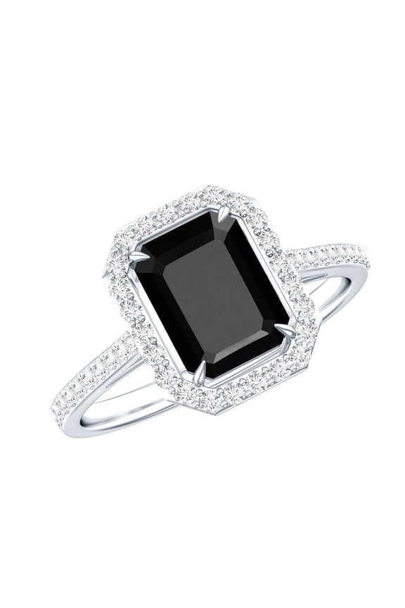 Lab Grown Black Diamond Emerald Cut Engagement Ring with Halo - 1.6 Ct - AAAA Grade - Black and White Diamond Ring, 10K White Gold, US 9.50