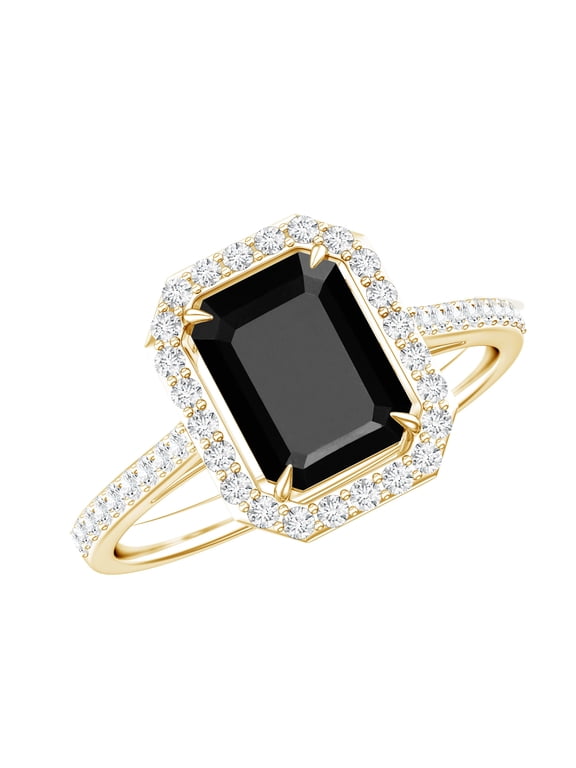 Lab Grown Black Diamond Emerald Cut Engagement Ring with Halo - 1.6 Ct - AAAA Grade - Black and White Diamond Ring, 18K Yellow Gold, US 3.00