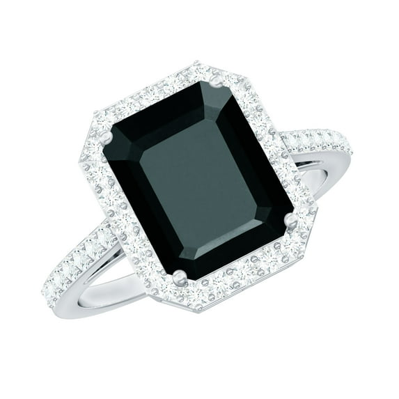 Emerald Cut Lab Grown Black Diamond Ring with Diamond Halo for Women - 8X10 mm, 14K White Gold, US 8.50