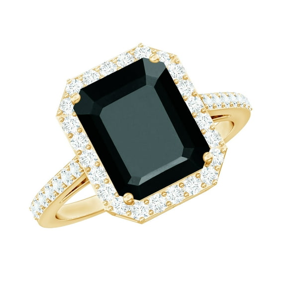 Rosec Jewels Emerald Cut Lab Grown Black Diamond Ring with Diamond Halo for Women - 8X10 mm, 14K Yellow Gold, US 4.50