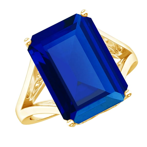 Rosec Jewels Emerald Cut Lab Grown Blue Sapphire Solitaire Ring with Split Shank - 10X14 mm, 14K Yellow Gold, US 13.00