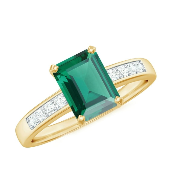 Rosec Jewels Emerald Cut Lab Grown Emerald Solitaire Engagement Ring with Diamond (6X8 mm, AAAA Grade), 14K Yellow Gold, US 7.50