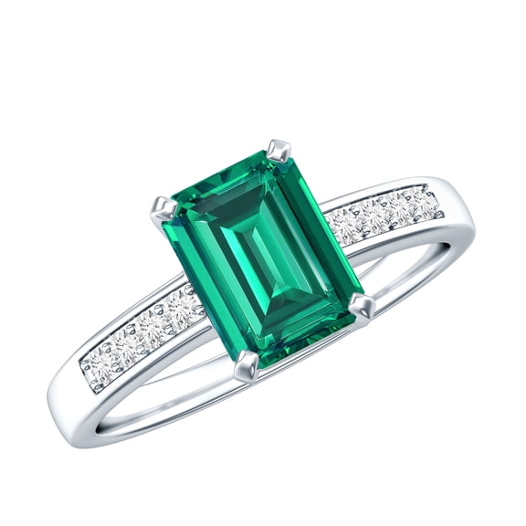 Rosec Jewels Emerald Cut Lab Grown Emerald Solitaire Engagement Ring with Diamond (1.6 Carat, AAAA Grade) - with Jewelry Box, 925 Sterling Silver, US 4.00