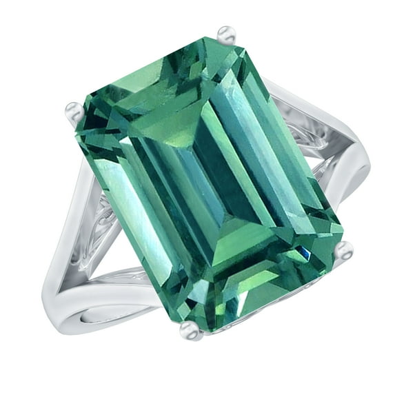 Rosec Jewels Emerald Cut Lab Grown Green Sapphire Solitaire Ring with Split Shank - 10X14 mm, 18K White Gold, US 9.00