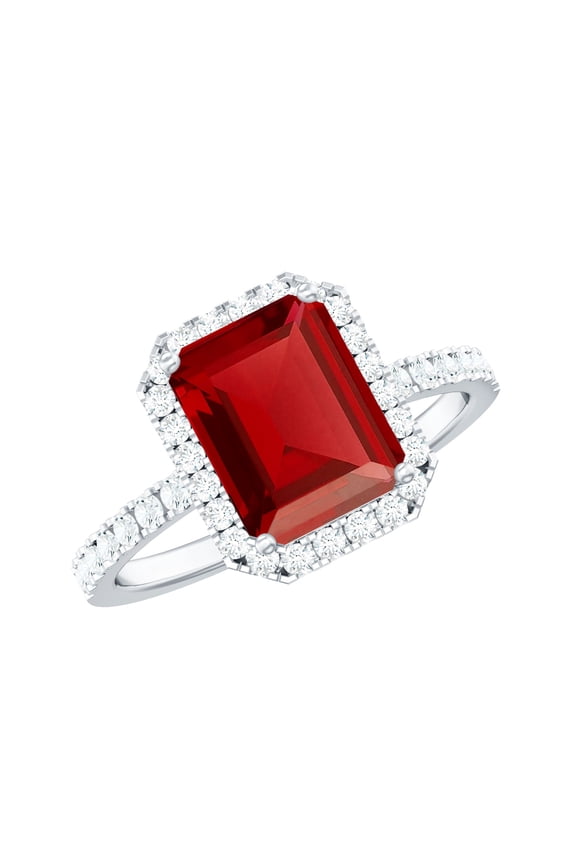Certified Lab Grown Ruby Engagement Ring with Diamond Halo - Emerald Cut Ruby Ring - AAAA Quality Certified, 14K White Gold, US 12.00