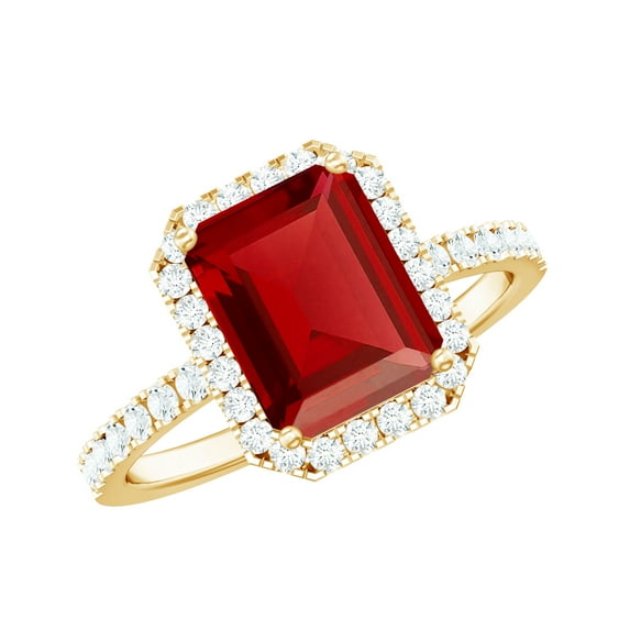 Rosec Jewels Certified Lab Grown Ruby Engagement Ring with Diamond Halo - Emerald Cut Ruby Ring - AAAA Quality Certified, 14K Yellow Gold, US 7.50