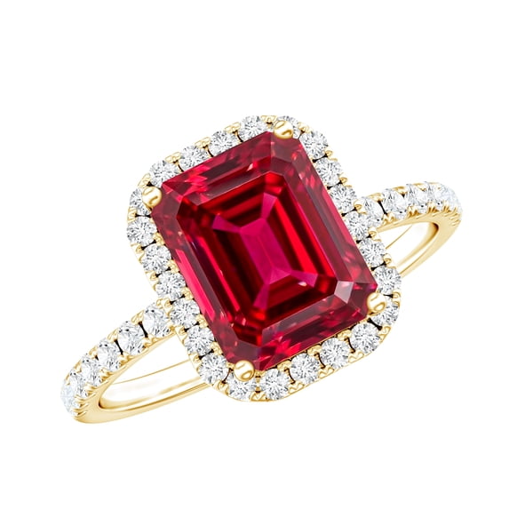 Rosec Jewels Certified Lab Grown Ruby Engagement Ring with Diamond Halo - Emerald Cut Ruby Ring - AAAA Quality Certified, 18K Yellow Gold, US 10.50