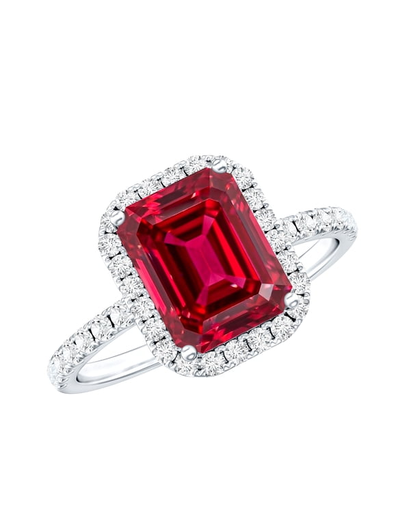 Certified Lab Grown Ruby Engagement Ring with Diamond Halo - Emerald Cut Ruby Ring - AAAA Quality Certified, 925 Sterling Silver, US 4.00