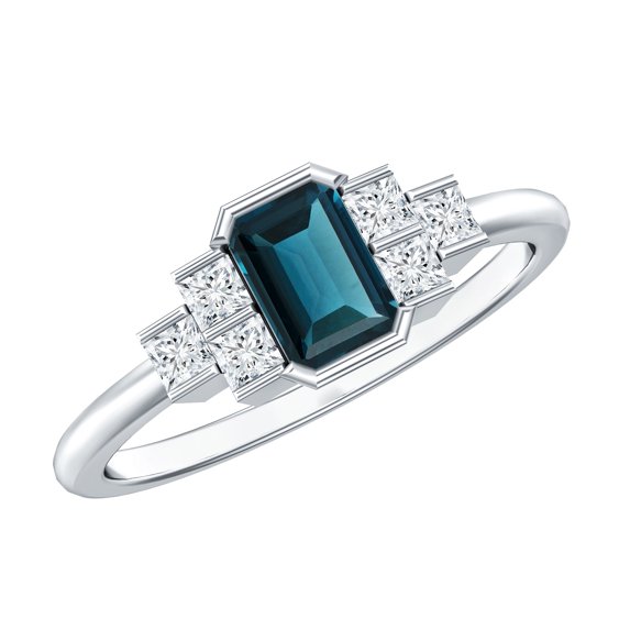 Rosec Jewels London Blue Topaz Emerald Cut Engagement Ring - Real Blue Topaz Diamond Ring (4X6mm, AAA Grade) - with Jewelry Box, 10K White Gold, US 7.00
