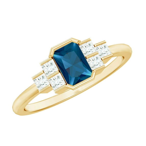 Rosec Jewels London Blue Topaz Emerald Cut Engagement Ring - Real Blue Topaz Diamond Ring (4X6mm, AAA Grade) - with Jewelry Box, 10K Yellow Gold, US 10.50
