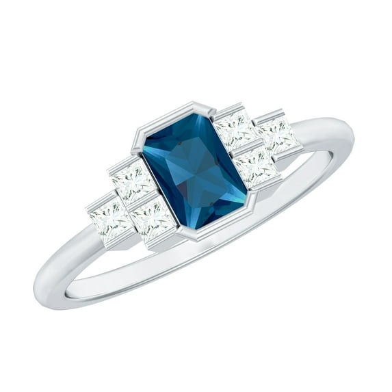 Rosec Jewels London Blue Topaz Emerald Cut Engagement Ring - Real Blue Topaz Diamond Ring (4X6mm, AAA Grade) - with Jewelry Box, 925 Sterling Silver, US 4.00