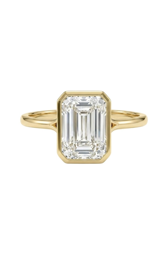Emerald‑Cut Moissanite Engagement Ring 2.5 CTTW Bezel Set Small Split Shank 925 Sterling Silver, Rhodium Plated Or 14K Yellow Gold Plated, Gift for Her