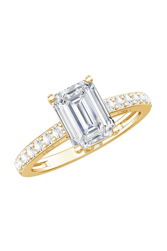 Emerald Cut Moissanite Engagement Ring with Hidden Halo (6X8 mm, D-VS1 Grade) 2 Carat Ring for Women - with Jewelry Box, 10K Yellow Gold, US 7.50