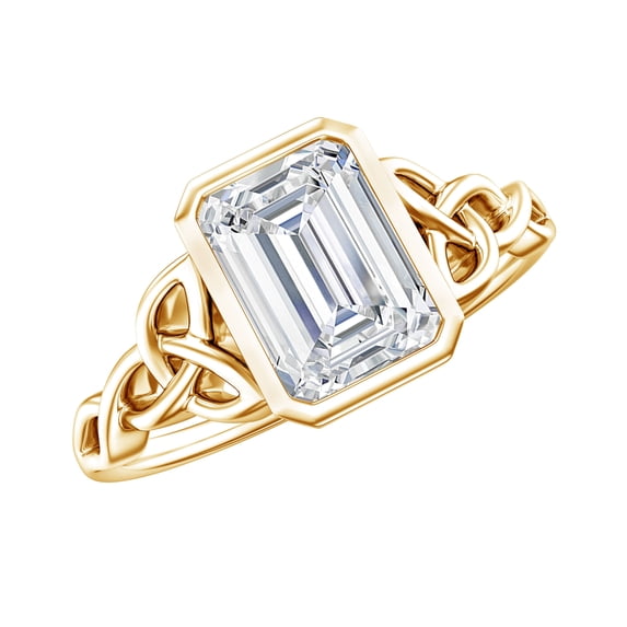 Rosec Jewels Moissanite Emerald Cut Engagement Ring 2 Ct - Celtic Knot Ring for Women - D-VS1 Quality, 14K Yellow Gold, US 9.00