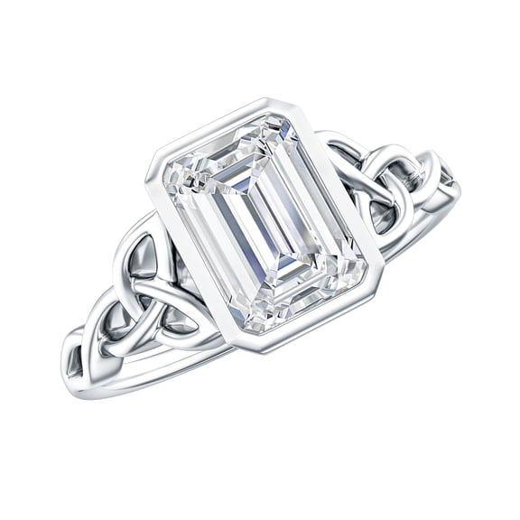 Rosec Jewels Moissanite Emerald Cut Engagement Ring 2 Ct - Celtic Knot Ring for Women - D-VS1 Quality, 925 Sterling Silver, US 4.00