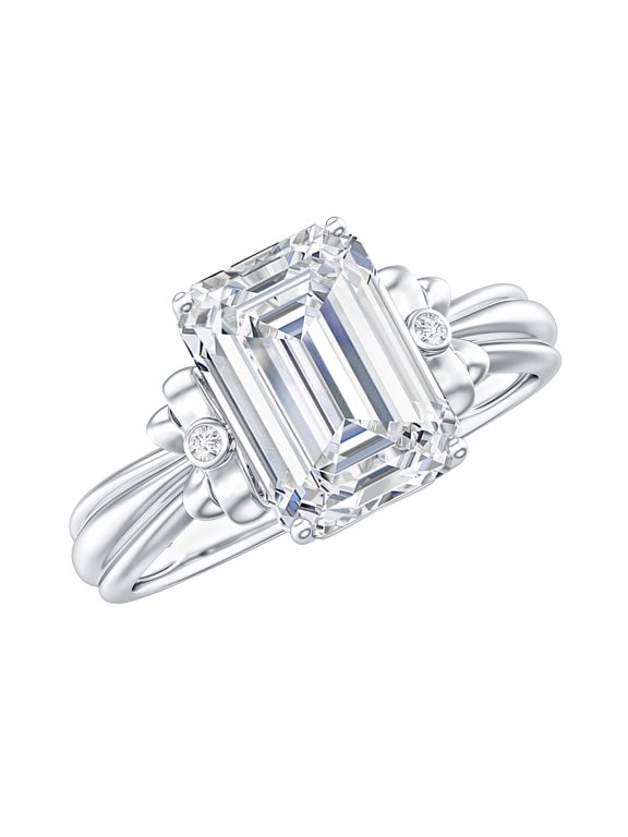 Moissanite Emerald Cut Engagement Ring 2 Carat - 7X9 mm - Bow Ring - D-VS1 Quality, 925 Sterling Silver, US 4.00
