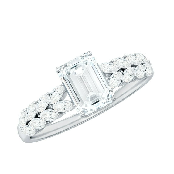 Rosec Jewels Certified Moissanite Emerald Cut Engagement Ring 2 Ct - Solitaire Ring for Women - 6X8 mm - D-VS1 Quality, 14K White Gold, US 11.50