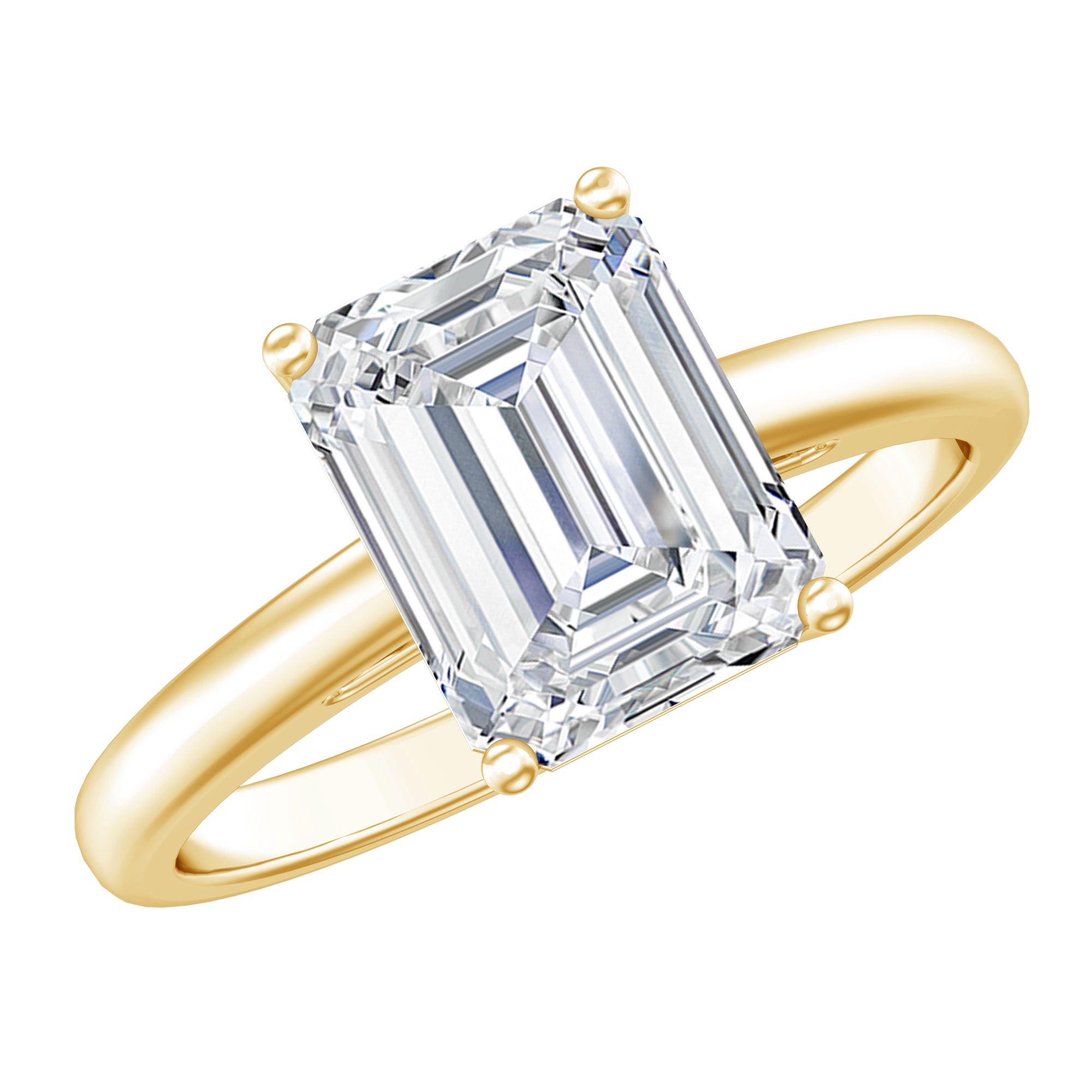 Rosec Jewels Emerald Cut Moissanite Solitaire Engagement Ring for Women - 7X9 mm - 2 ct - D-VS1 Grade, 14K Yellow Gold, US 10.00