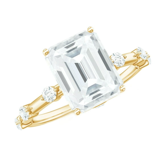 Rosec Jewels Emerald Cut Moissanite Solitaire Engagement Ring with Spaced Accent - 7X9 mm, 10K Yellow Gold, US 5.00