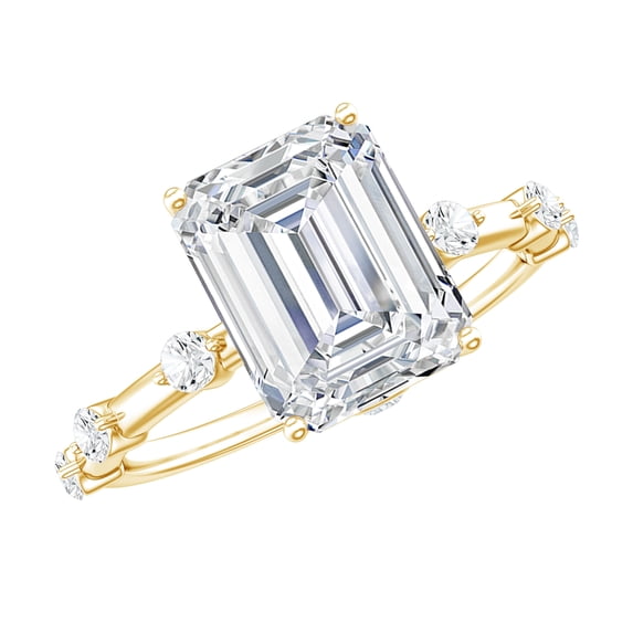 Rosec Jewels Emerald Cut Moissanite Solitaire Engagement Ring with Spaced Accent - 7X9 mm, 14K Yellow Gold, US 3.00