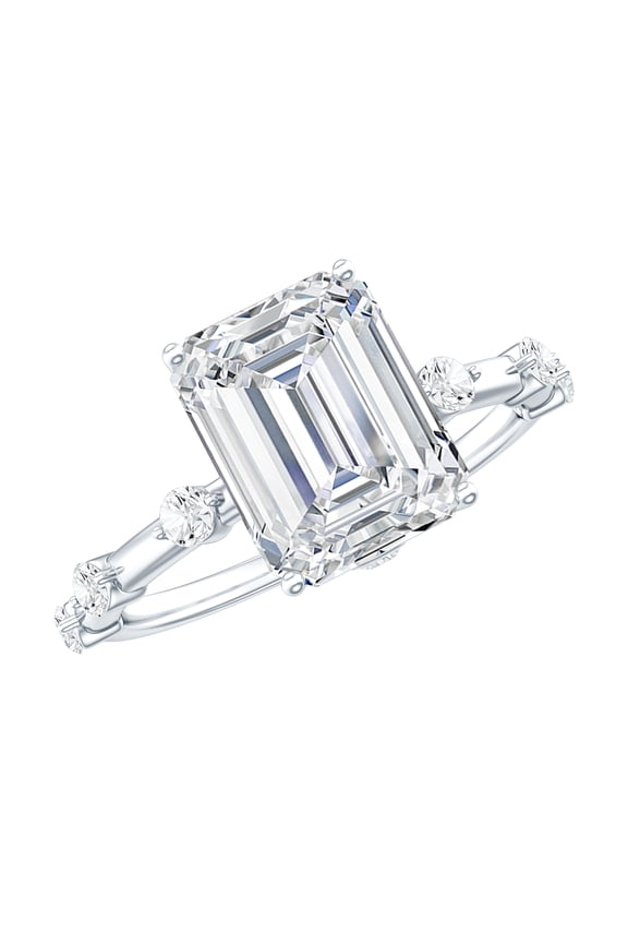 Emerald Cut Moissanite Solitaire Engagement Ring with Spaced Accent - 7X9 mm, 18K White Gold, US 6.00