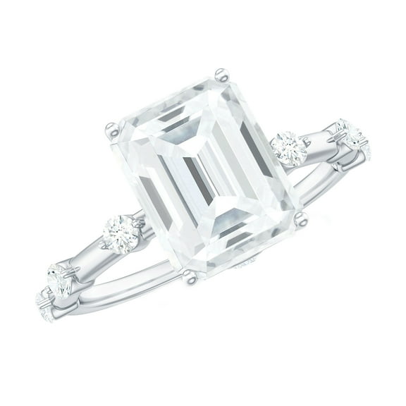 Rosec Jewels Emerald Cut Moissanite Solitaire Engagement Ring with Spaced Accent - 7X9 mm, 925 Sterling Silver, US 4.00