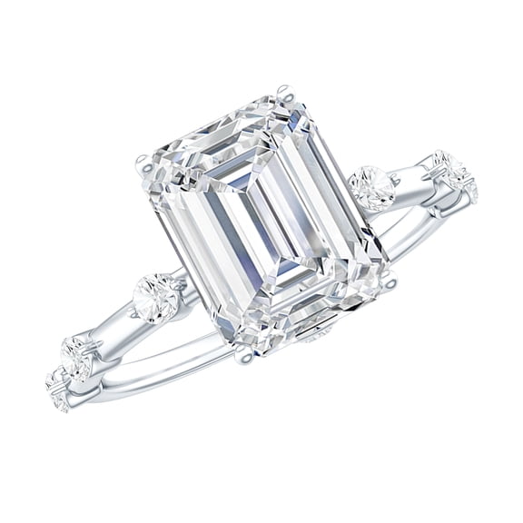 Rosec Jewels Emerald Cut Moissanite Solitaire Engagement Ring with Spaced Accent - 7X9 mm, 925 Sterling Silver, US 4.00