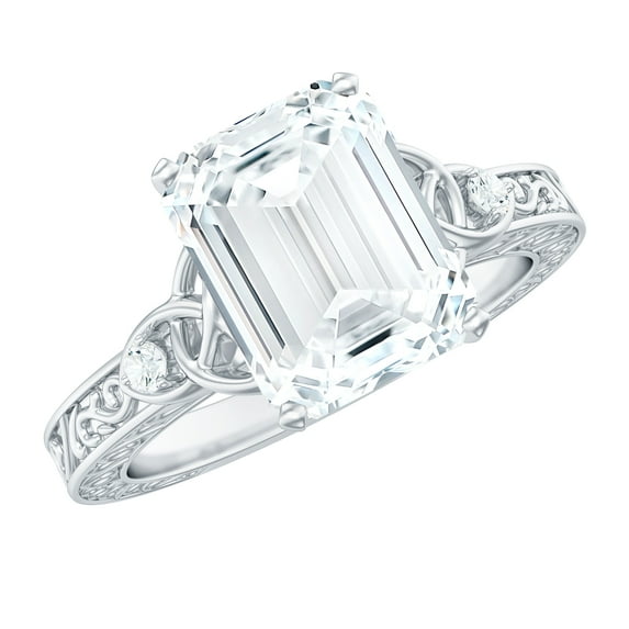 Rosec Jewels Moissanite Emerald Cut Engagement Ring 2 Ct - 7X9 mm - Celtic Knot Ring - D-VS1 Quality Certified, 14K White Gold, US 3.00