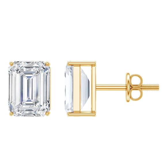 Rosec Jewels Emerald Cut Moissanite Solitaire Stud Earrings for Women - 6X8 mm, 14K Yellow Gold