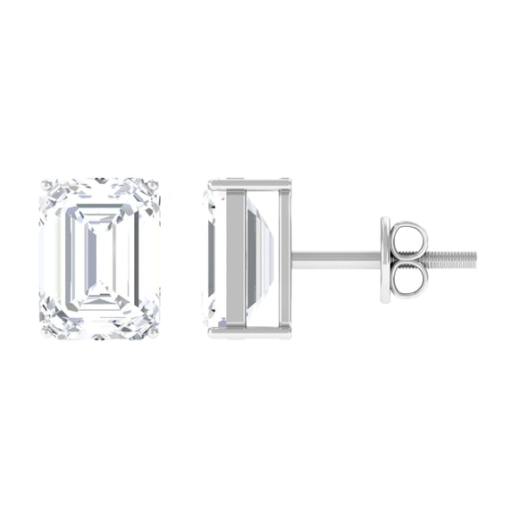 Emerald Cut Moissanite Solitaire Stud Earrings for Women - 6X8 mm, 18K White Gold
