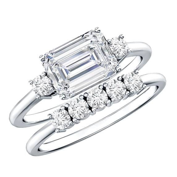 Rosec Jewels Moissanite Wedding Bridal Ring Set of 2 - 6X8 mm Emerald Cut Engagement Ring with Enhancer - D-VS1 Grade, 10K White Gold, US 5.00