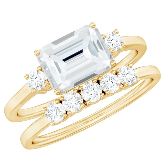 Rosec Jewels Moissanite Wedding Bridal Ring Set of 2 - 6X8 mm Emerald Cut Engagement Ring with Enhancer - D-VS1 Grade, 14K Yellow Gold, US 10.50