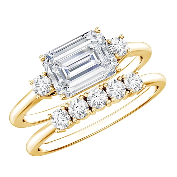 Rosec Jewels Moissanite Wedding Bridal Ring Set of 2 - 6X8 mm Emerald Cut Engagement Ring with Enhancer - D-VS1 Grade, 14K Yellow Gold, US 6.50