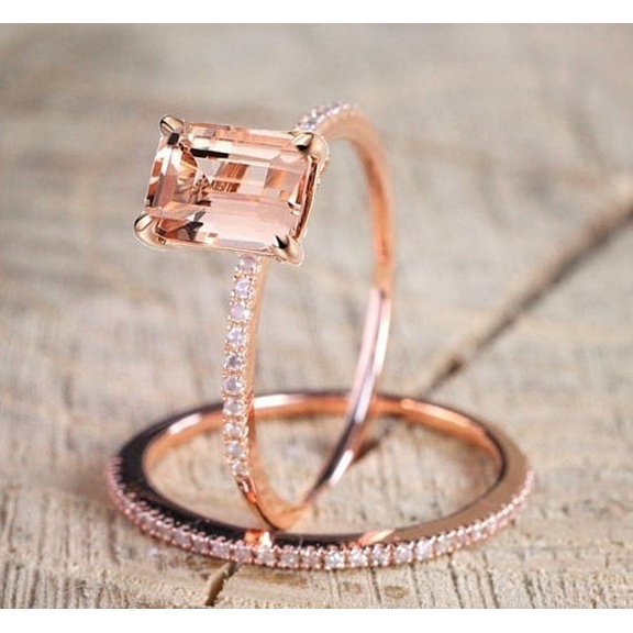 Emerald Cut Morganite Solitaire With Accent Wedding Engagement Bridal Set Ring For Women 14k Rose Gold Finish, 925 Sterling Silver