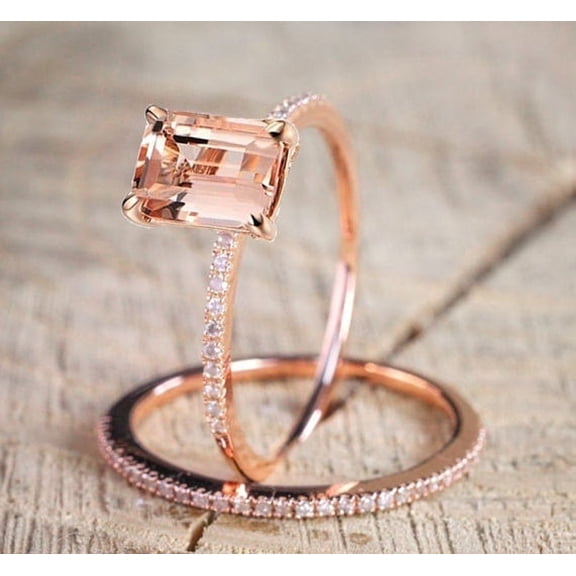 Emerald Cut Morganite Solitaire With Accent Wedding Engagement Bridal Set Ring For Women 14k Rose Gold Finish, 925 Sterling Silver