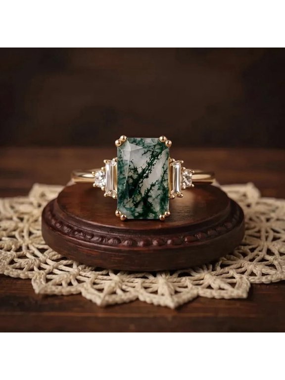 Emerald Cut Moss Agate Engagement Ring, Baguette Moissanite Five Stone Ring, Forest Green Stone, Nature Inspired 925 Sterling Silver Gold Plated Bridal Ring, Botanical Jewelry
