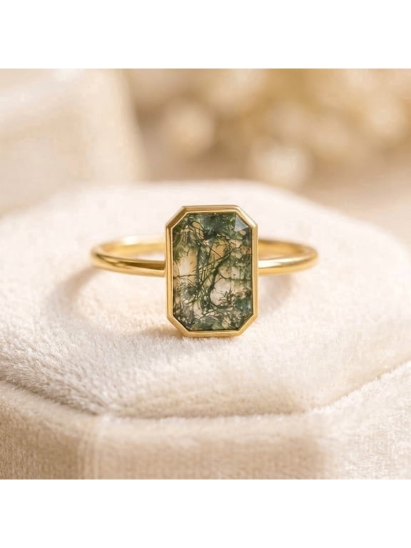 Emerald Cut Moss Agate Promise Ring, 925 Sterling Silver Yellow Gold Plated Stunning Ethnic Bezel Ring, Traditional Handmade Jewelry, Gift for Her