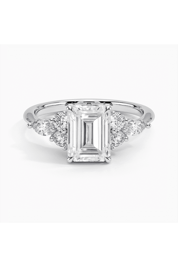 Emerald Cut Pave Set Engagement Ring, 2.2 Ct Simulated Diamond, 14K White Gold Plated, Cluster Promise Diamond Wedding Ring, Elegant Four Prongs Diamond Ring, Women Party Wear Solitaire Diamond Ring