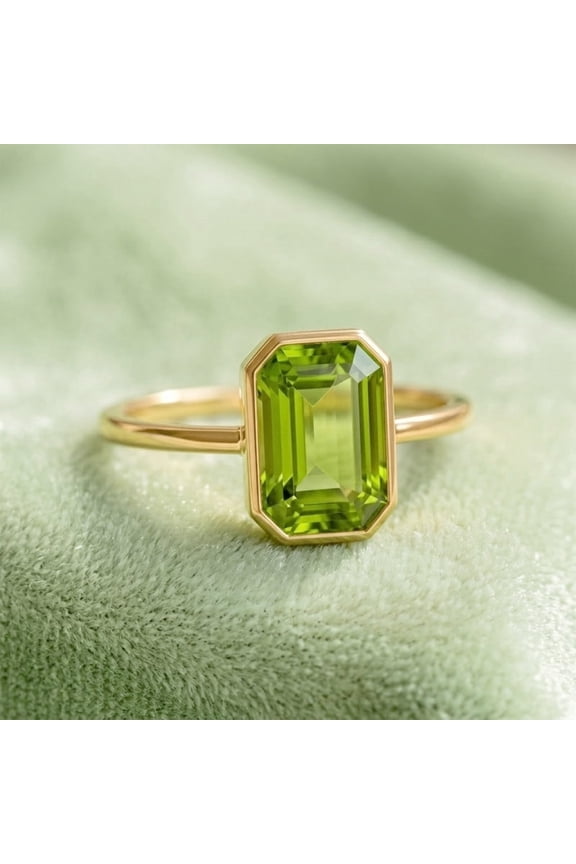 Emerald Cut Peridot Gemstone Trendy Ring, 925 Sterling Silver Yellow Gold Plated Pretty Bezel Ring, August Birthstone Jewelry Wedding Anniversary Gift