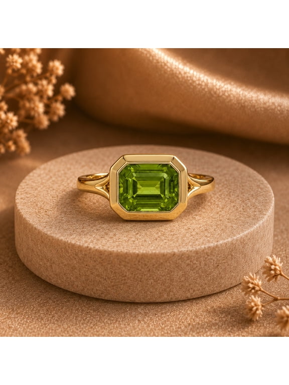 Emerald Cut Peridot Ring, Genuine 925 Sterling Silver Yellow Gold Plated Split Shank Band, August Birthstone Ring, Unique Promise Ring for Her