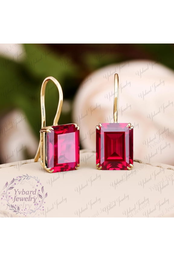 Emerald Cut Red Ruby Earrings Solid 10K/14K/18K Gold Drop Earrings Minimalist Earrings Bridal Wedding Dangle Earrings Anniversary Gift Women