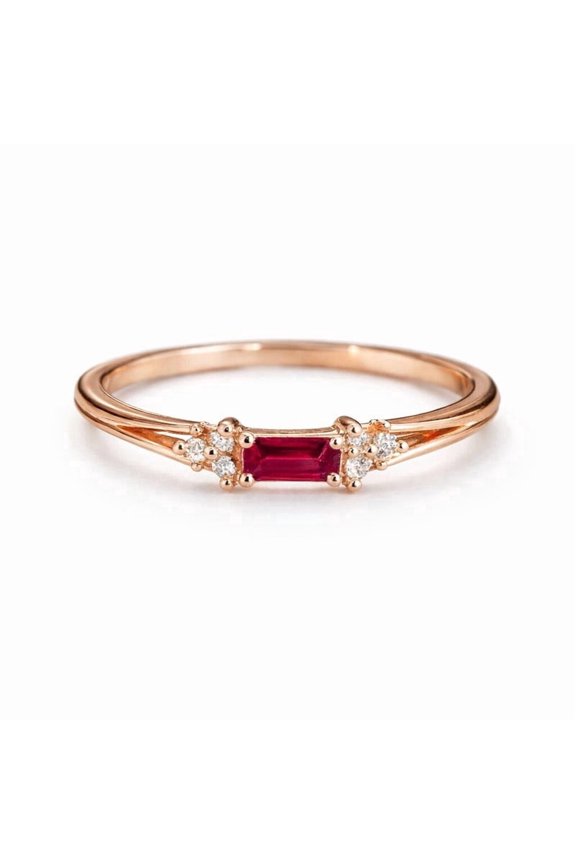 Emerald Cut Ruby & Diamond Ring, Minimalist Split Band Ruby Engagement Ring, Delicate Ring for Women, Stackable Anniversary Gift, July Birthstone Ring