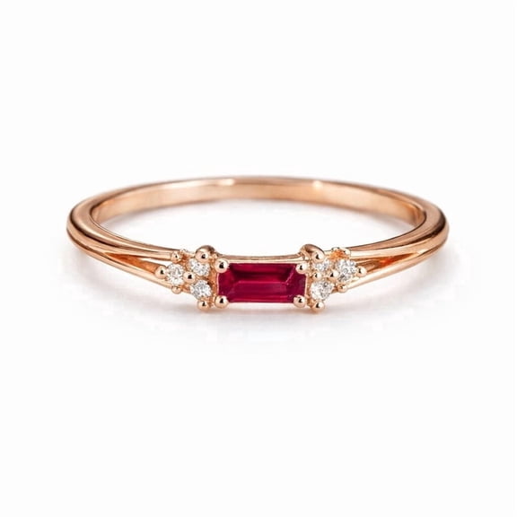 Emerald Cut Ruby & Diamond Ring, Minimalist Split Band Ruby Engagement Ring, Delicate Ring for Women, Stackable Anniversary Gift, July Birthstone Ring