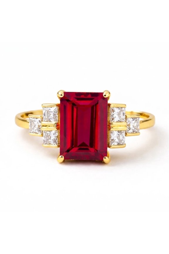 Emerald Cut Ruby & Princess Cut Diamond Engagement Ring, Red Ruby Ring, July Birthstone Ring, Anniversary Gift Chunky Stackable Ring, Handmade Jewelry