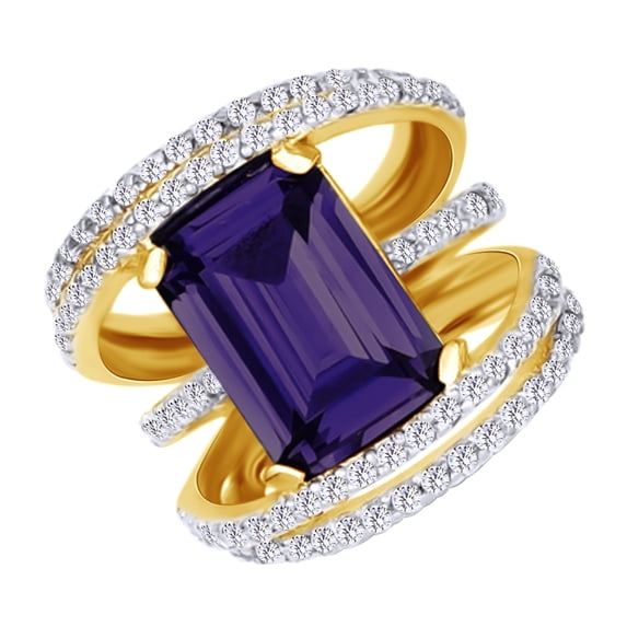 AFFY Emerald Cut Simulated Alexandrite & Round White Cubic Zirconia Fashion Ring in 14k Yellow Gold Over Sterling Silver Ring Size - 13.5