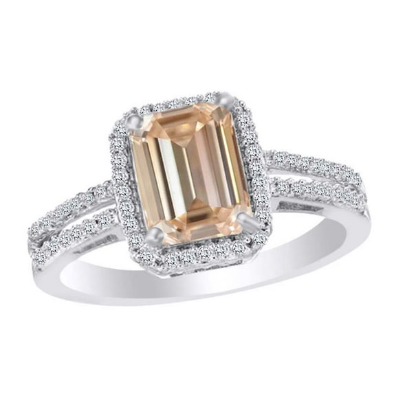 AFFY Emerald Cut Simulated Brown & White CZ Halo Engagement Ring In 14k White Gold Over Sterling Silver Ring Size-13