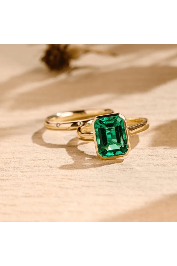 Emerald Cut Simulated Emerald Engagement Ring Set in 14K Yellow Gold Vermeil- Wedding Band Set- May Birthstone